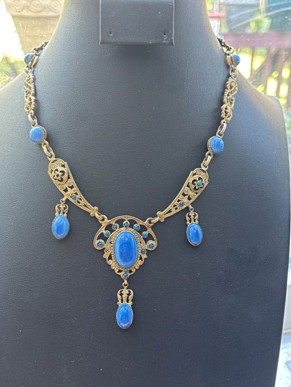 Vtg Art Nouveau Blue Glass Stone Gold Tone Necklace Signed Made in France - Picture 13 of 16